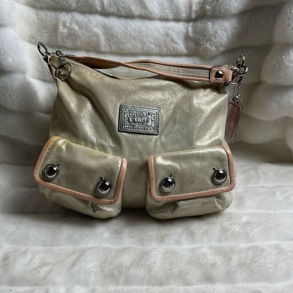 Coach Poppy soft leather gold sparkle satchel buttery pink trims. - Picture 1 of 13